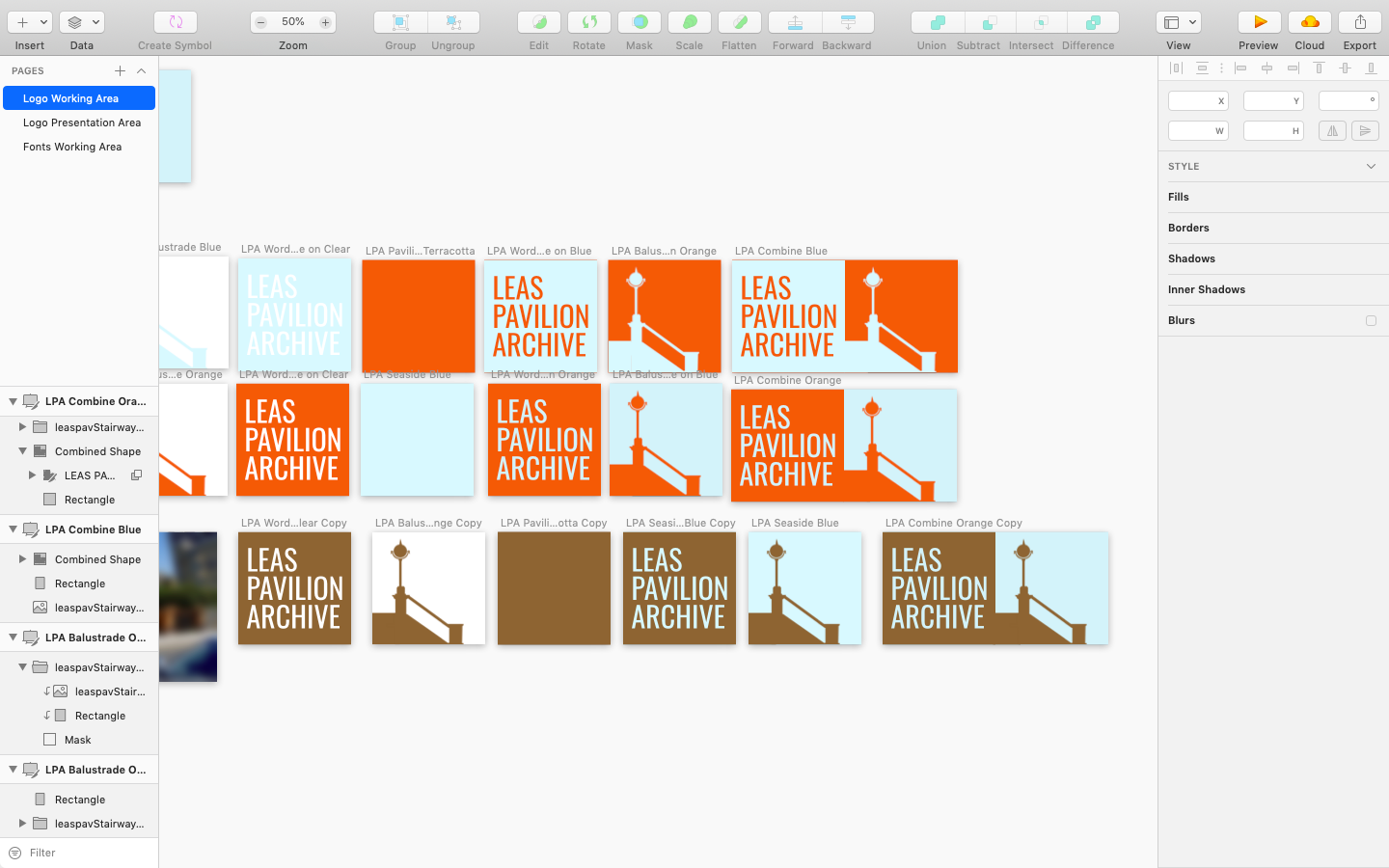 Screenshot of Sketch.app showing the evolution of the Leas Pavilion Archive Balustrade Logo