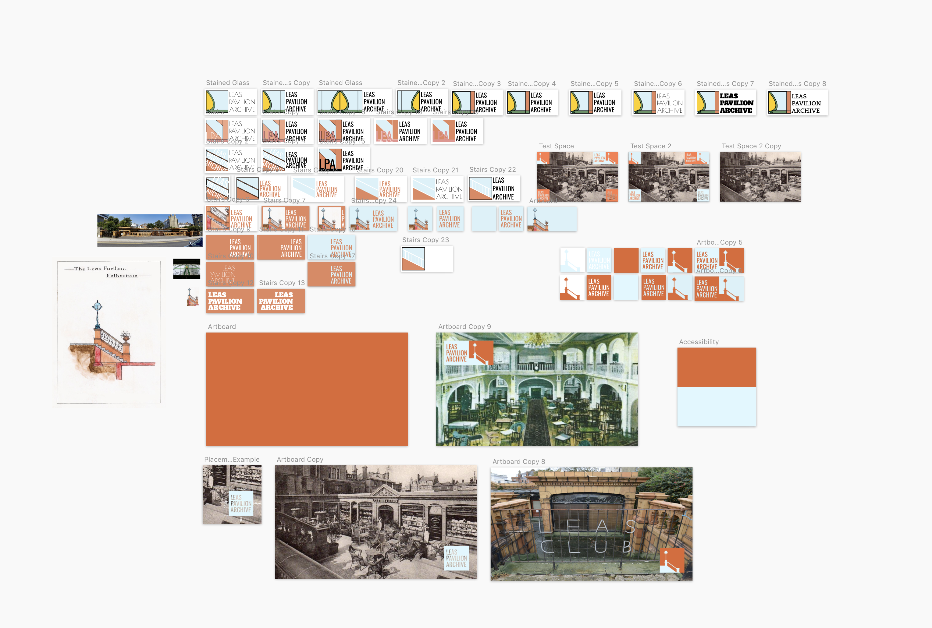 Screenshot of Sketch.app showing various iterations and ideas for the logo, including different colour schemes