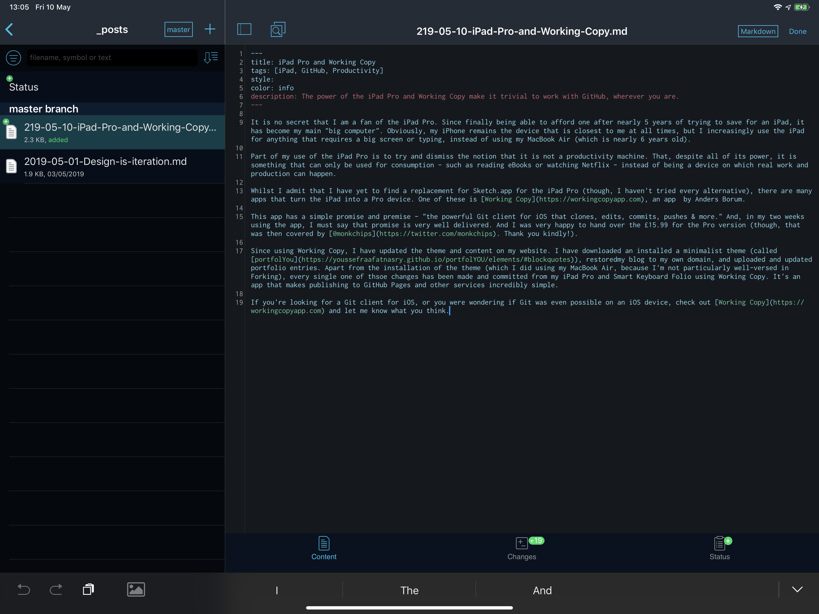 An image of this post being edited in Working Copy on iPad Pro.