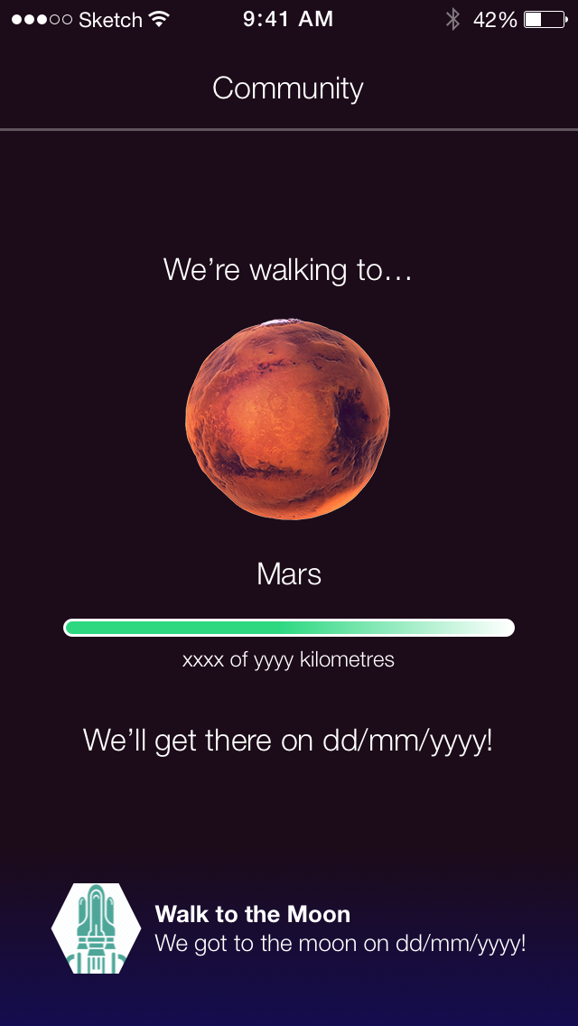 The community tab, as we walks towards Mars, the first community goal